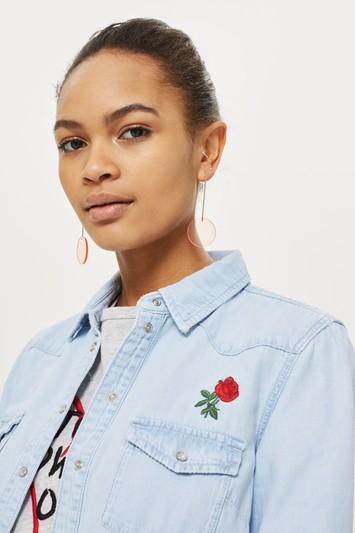 Topshop Embroidered Rose Denim Shirt