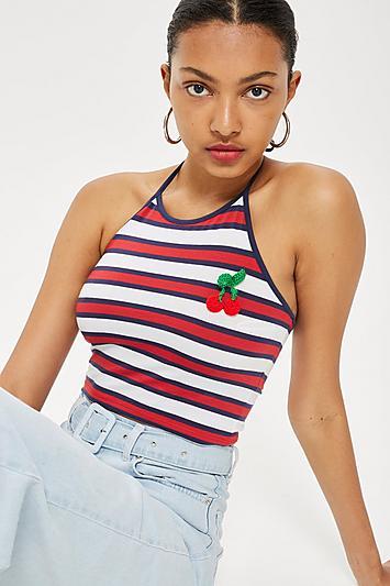 Topshop Cherry Striped Halter Neck Top