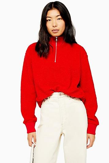 Topshop Red Borg Zip Funnel Sweatshirt