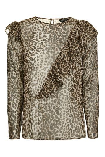 Topshop Ruffle Animal Long Sleeve Blouse