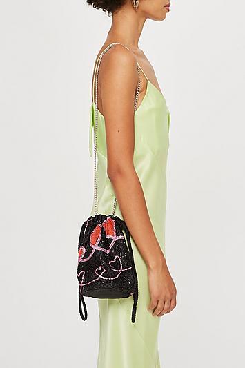 Topshop Heart Beaded Drawstring Cross Body Bag