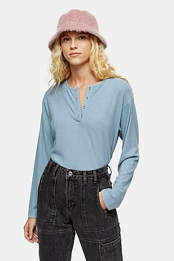 Topshop Blue Henley Brushed Long Sleeve Top