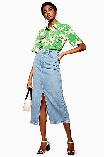 Topshop Blue Split Front Denim Midi Skirt