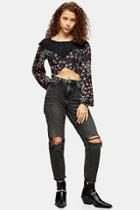 Topshop Petite Washed Black Double Rip Mom Jeans