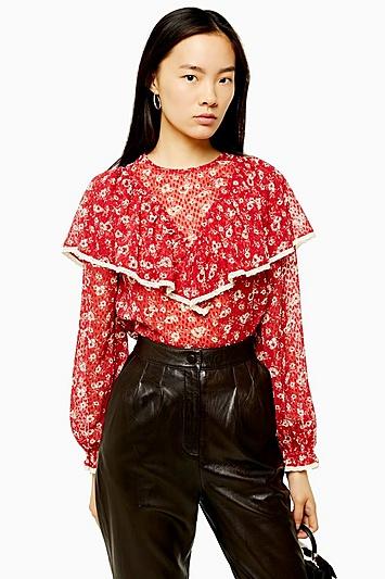 Topshop Red Dobby Yoke Blouse