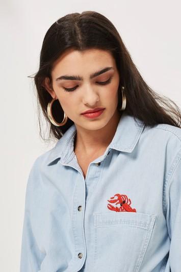 Topshop Embroidered Lobster Oversized Denim Shirt