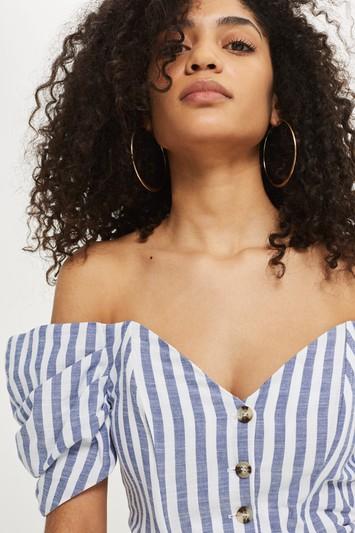 Topshop Striped Puff Sleeve Bardot Top