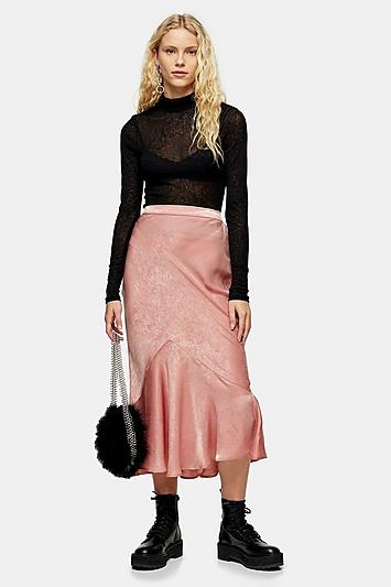 Topshop Pink Satin Flounce Midi Skirt