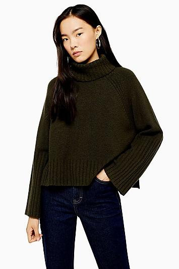 Topshop Khaki Knitted Super Soft Crop Roll Neck Jumper
