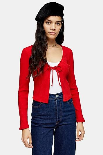 Topshop Red Tie Front Cardigan