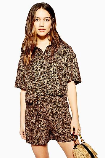 Topshop Petite Cairo Brown Leopard Print Short Sleeve Shirt