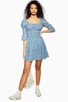 Topshop Shirred Floral Print Denim Dress
