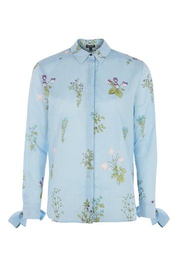 Topshop Floral Stripe Tie Sleeve Shirt