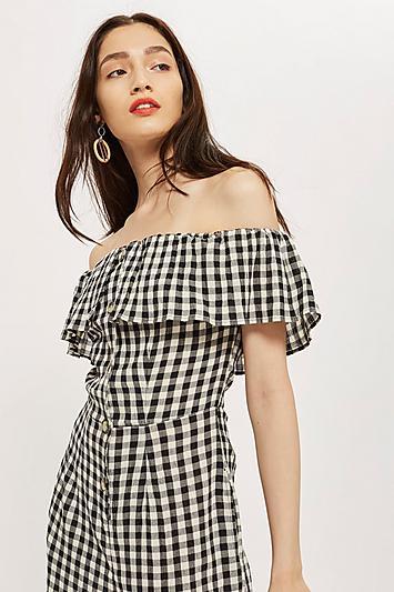 Topshop Tall Gingham Bardot Jumpsuit