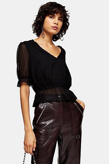 Topshop Black Cropped Spot Frill Blouse