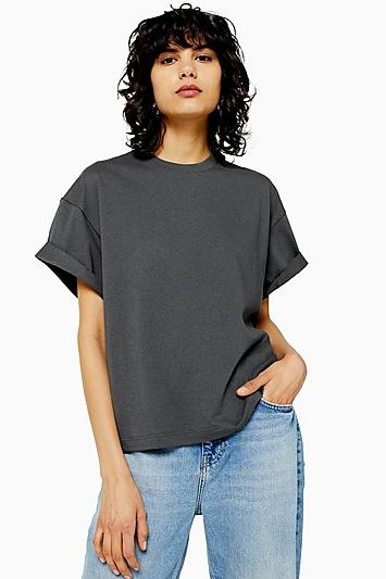 Topshop Grey Boxy Roll Sleeved T-shirt