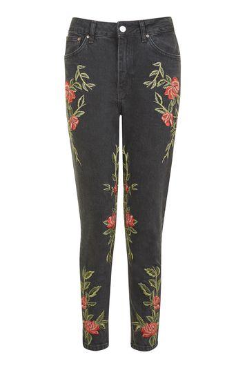 Topshop Moto Rose Embroidered Mom Jean