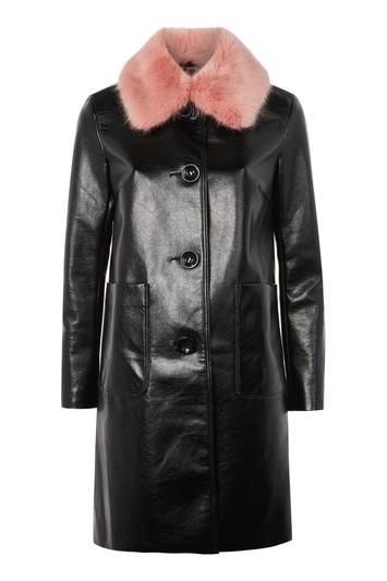 Topshop Vinyl Pink Fur Collar Coat