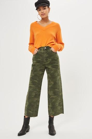 Topshop Moto Khaki Camo Cropped Wide Leg Jeans