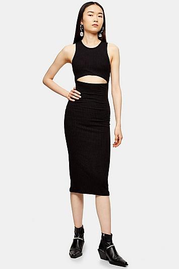 Topshop Black Cut Out Ribbed Midi Dress