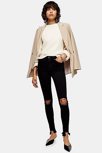 Topshop Black Rip And Rip Hem Jamie Jeans