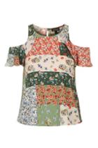 Topshop Patchwork Ruffle Cold Shoulder Blouse