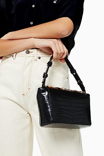 Topshop Chloe Black Crocodile Acrylic Cross Body Bag