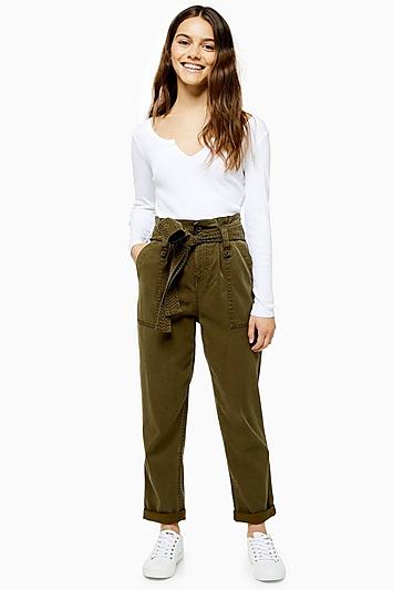 Topshop Petite Paperbag Khaki Utility Cargo Trousers