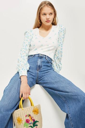 Topshop Long Sleeve Trim Print Top