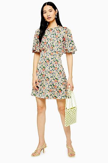Topshop Tall Austin Floral Daisy Print Angel Sleeve Mini Dress