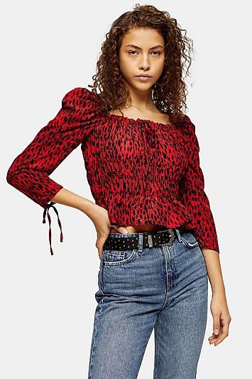 Topshop Petite Red Leopard Lace Up Prairie Blouse