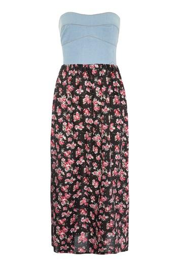 Topshop Denim Floral Print Bandeau Shift Dress