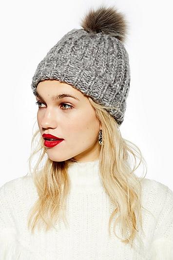 Topshop Chunky Twist Faux Fur Pom Pom Beanie
