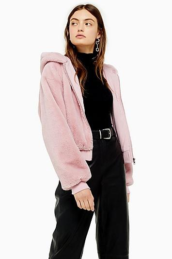 Topshop Pink Faux Fur Zip Hoodie
