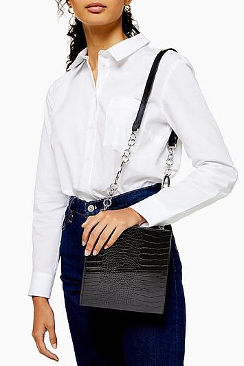 Topshop Black Crocodile Boxy Shoulder Bag