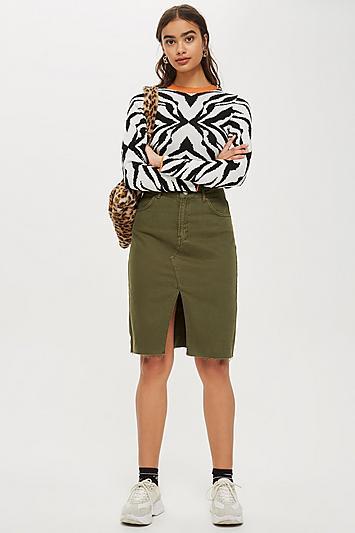 Topshop Khaki Denim Midi Skirt