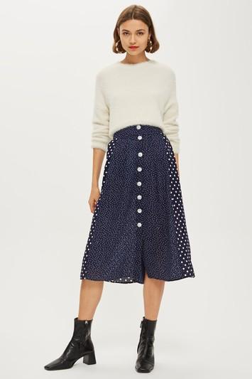 Topshop Spot Button Pleat Midi Skirt