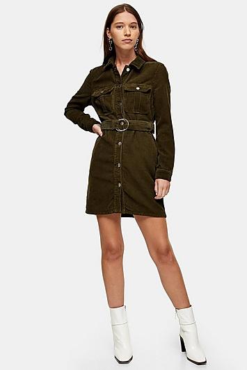 Topshop Khaki Long Sleeve Corduroy Belted Dress