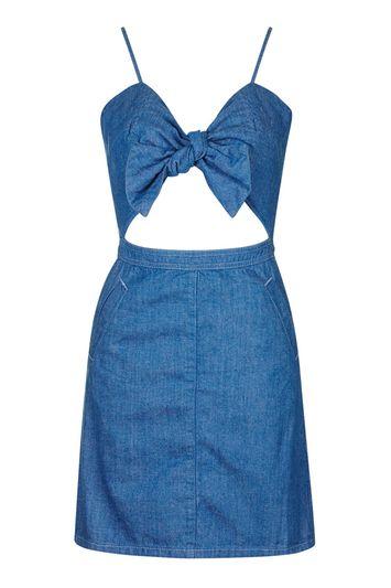 Topshop Petite Bow Front Denim Dress