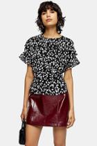 Topshop Black And White Short Sleeve Frill Animal Print Top