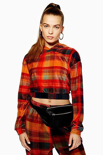 Topshop Check Velour Hoodie