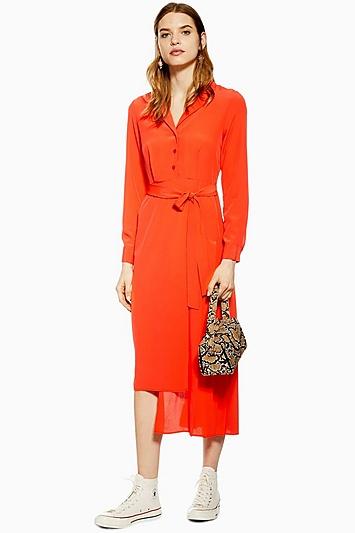 Topshop Red Pleat Wrap Step Hem Shirt Dress
