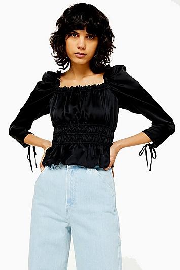 Topshop Satin Gather Prairie Blouse