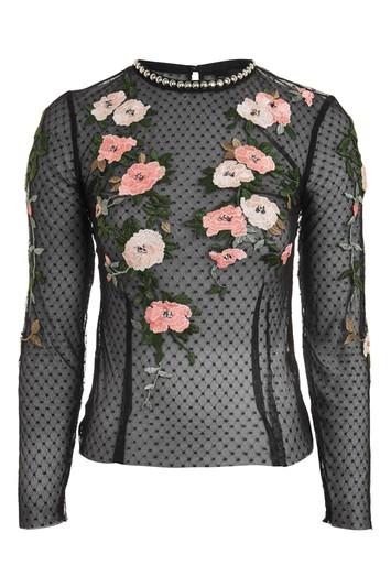 Topshop Tall Floral Embroidered Mesh Top