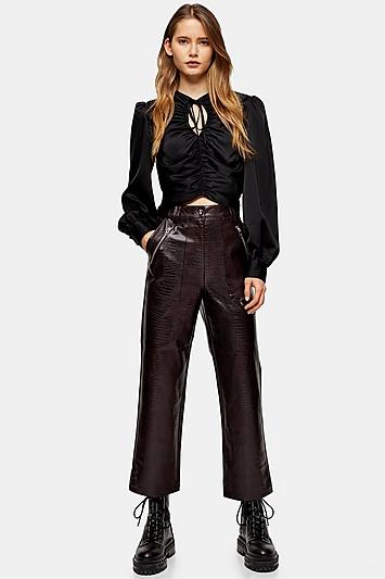 Topshop Burgundy Faux Leather Crocodile Straight Leg Trousers