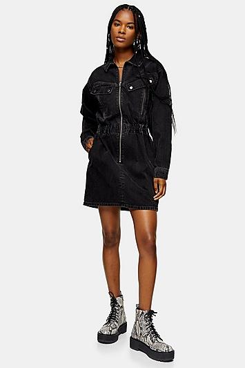 Topshop Considered Washed Black Denim Long Sleeve Shirt Dress