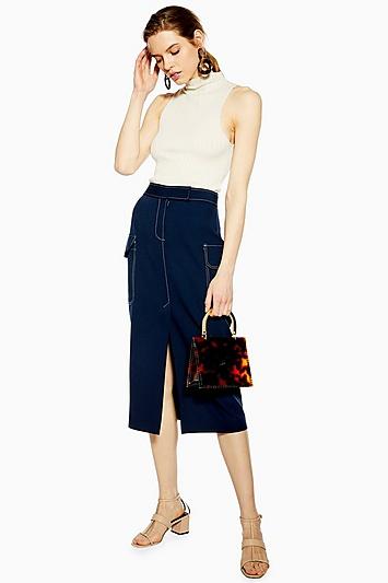 Topshop Navy Split Utility Midi Skirt