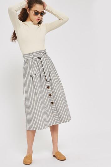 Topshop Linen Striped Midi Skirt