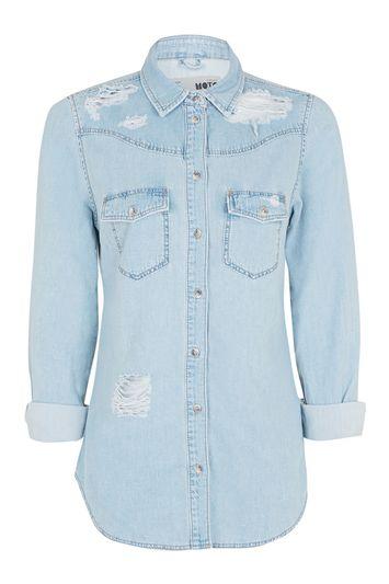 Topshop Moto Bleach Rip Fitted Western Shirt