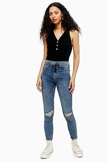 Topshop Petite Mid Blue Ripped Jamie Jeans